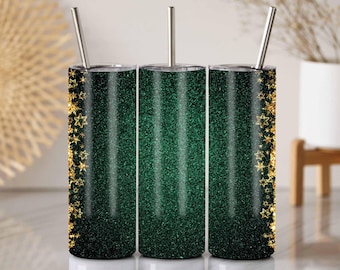 Green Glitter Tumbler Wrap: Gold Stars Christmas Design (PNG)