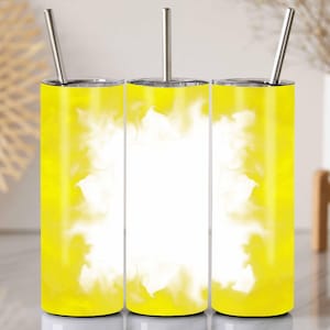 May include: Three yellow stainless steel tumblers with white designs and matching stainless steel straws.
