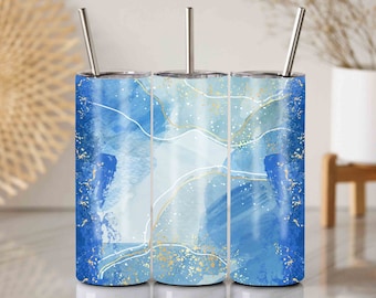 Blue Gold Marble Tumbler Wrap: 20 Oz Skinny Sublimation Design (PNG)