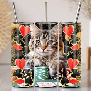 Casino Cat Tumbler Wrap, 20 Oz Sublimation Design, Poker Chips Cat Design, Gold Glitter Tumbler PNG, Card Suit Cat Lover Gift