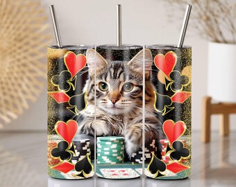 Casino Cat Tumbler Wrap: Gold Glitter Poker Design (20 Oz PNG)