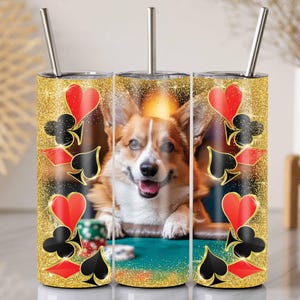 Casino Corgi Tumbler Wrap, 20 Oz Skinny Sublimation Design, Carino Poker Dog PNG, Carta da gioco con glitter oro, Idea regalo per cani da giocatore