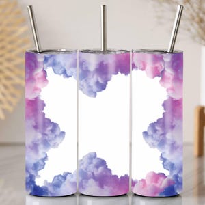 May include: Three stainless steel tumblers with a vibrant design of pink, purple, and blue clouds. Each tumbler has a silver straw. The cloud design frames a white space, creating a unique aesthetic.