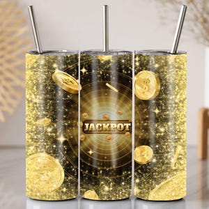 Jackpot Tumbler Wrap, Casino Tumbler Design, Gold and Black Glitter, Free Glitter Bundle, Seamless Drink-ware Decoration, Gold Coins Tumbler