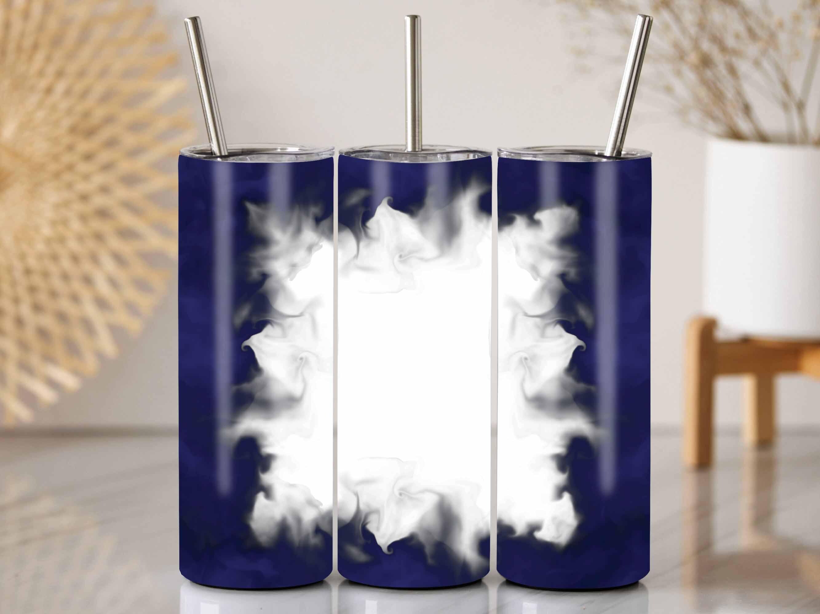 Blue Smoke Tumbler Frame PNG, Sublimation Wrap For 20 Oz Skinny Tumblers, Customizable Blank Center For Personalized Text Or Photos