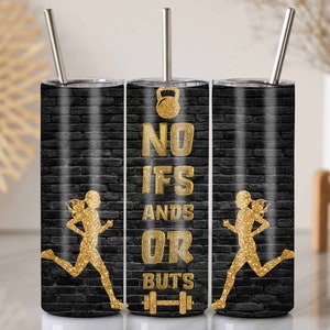 Könnte beinhalten: Drei schwarze und goldene Edelstahlbecher mit einem Ziegelmuster im Hintergrund. Die Becher zeigen eine goldene Silhouette eines Läufers und den Text "NO IFS ANDS OR BUTS" mit einer goldenen Hantelgrafik.