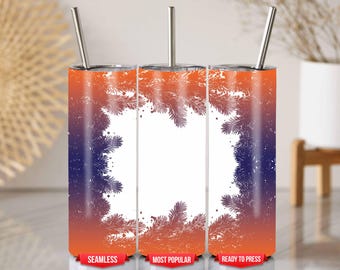 Emballage pour gobelet de Noël dégradé bleu orange avec cadre branche de pin pour gobelets 20 oz