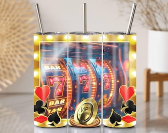 Casino Slot Machine Tumbler Wrap: VIP Gambling Design (PNG for 20 Oz Tumblers)