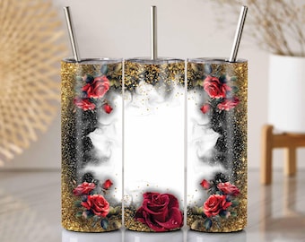 Diseño de marco floral PNG con diseño de rosa y purpurina dorada para vaso de 20 oz