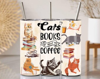 Katzen Bücher Kaffeebecher Wrap, 20 Oz Skinny Tumbler PNG (digitaler Download)