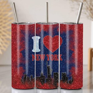 Kocham Nowy Jork Tumbler Wrap PNG, NYC Skyline Glitter 20oz Skinny Tumbler Design, Statua Wolności Sublimacja, Prezent podróżny, Prezenty z Nowego Jorku