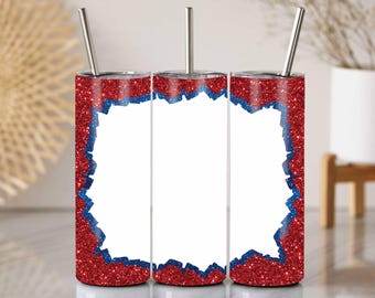 Envoltura para vaso con purpurina roja y azul PNG: Diseño de sublimación de 20 oz con plantillas adicionales