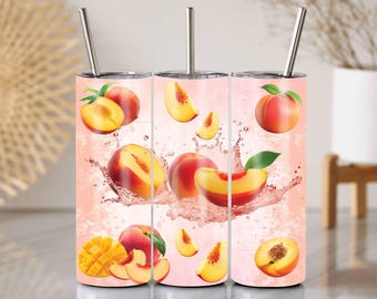 Pfirsich Mango Tumbler Wrap PNG: Fruchtiges Wasser Spritzen Sublimationsdesign