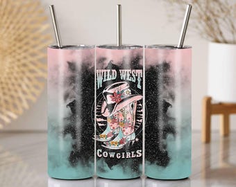 Wild West Cowgirls Tumbler Wrap PNG, Glitter Western Cup Design, 20oz Skinny Sublimation