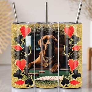 Great Dane Poker Tumbler Wrap, 20 Oz Skinny Sublimation Design, Divertente Cane da Casinò PNG, Design del seme della carta con glitter oro, Idea regalo per giocatori d'azzardo