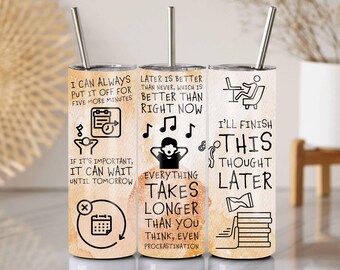 Envoltura para vaso con frases sobre la procrastinación: Diseño sarcástico y divertido (PNG)