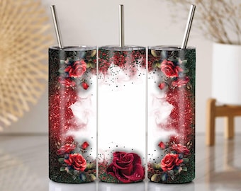 Vaso de 20 oz con diseño floral brillante en color verde oscuro y rosa roja (PNG)