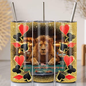 Casino Lion Tumbler Wrap, 20 Oz Skinny PNG, Poker Table Animal Art, Gold Glitter Card Suits, Gambling Sublimation Design, Vegas Gift Idea