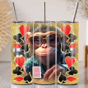 Singe de casino, emballage de verre, sublimation mince 20 oz, singe de poker PNG, emballage de costume de carte de paillettes d'or, cadeau drôle de joueur