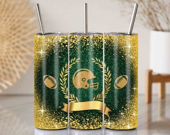 Gold and Green Football Tumbler Wrap PNG – 20oz Skinny Glitter Design