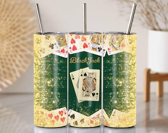 Envoltura para vaso Blackjack: Diseño de as y jota con purpurina dorada sin costuras (PNG)