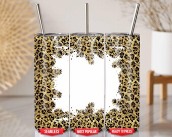 Leopard-Druck-Weihnachtssublimationsdesign 20 Unzen Skinny Tumbler Wrap Gold Pine Needles Digital PNG