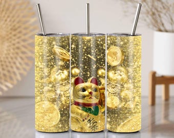 Vaso dorado con diseño de gato de la suerte: estrellas y monedas brillantes (PNG)