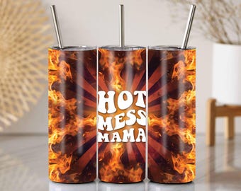 Hot Mess Mama Tumbler Wrap: Retro Flames PNG (Digitaler Download)