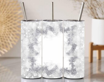 Envoltura de vaso con purpurina plateada PNG: Fondo bokeh, plantilla de foto personalizada (descarga digital)