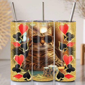 Cat Casino Tumbler Wrap, 20 Oz Skinny Sublimation PNG, Cool Cat Poker Design, Glitter Card Suit Wrap, Gambler Cat Gift