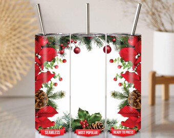Emballage de gobelet de Noël poinsettia rouge avec cadre branche de pin pour gobelets 20 oz