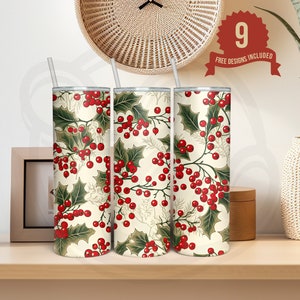 Hojas de acebo, Navidad, Vintage, Sin costuras, Diseño de sublimación de vaso flaco de 20 oz, Descarga digital, Descarga instantánea PNG, SOLO DIGITAL