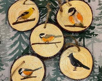 Handgemaakte rustieke kerstversieringen met vogels - mees, blauwe gaai, gele vink