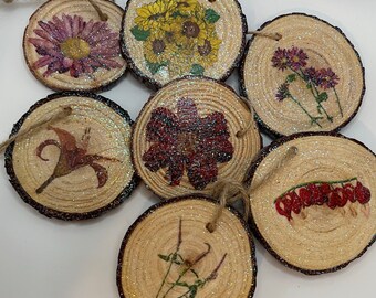 Handgemaakte houten plak bloem kerstversieringen, rustiek kerstdecor