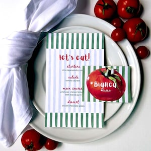 May include: A green and white striped menu card with the text "let's eat!" and a list of food items. The menu card is on a white plate with a red tomato illustration and the text "Bianca Russo".