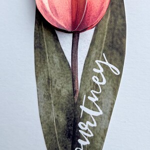 May include: A pink tulip with green leaves and the name "Courtney" written in white script.