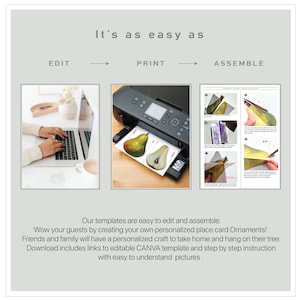 May include: A digital illustration of a pear ornament craft project. The image shows three steps: editing a template on a laptop, printing the template on a printer, and assembling the ornament using instructions. The text "It's as easy as" is displayed above the steps.