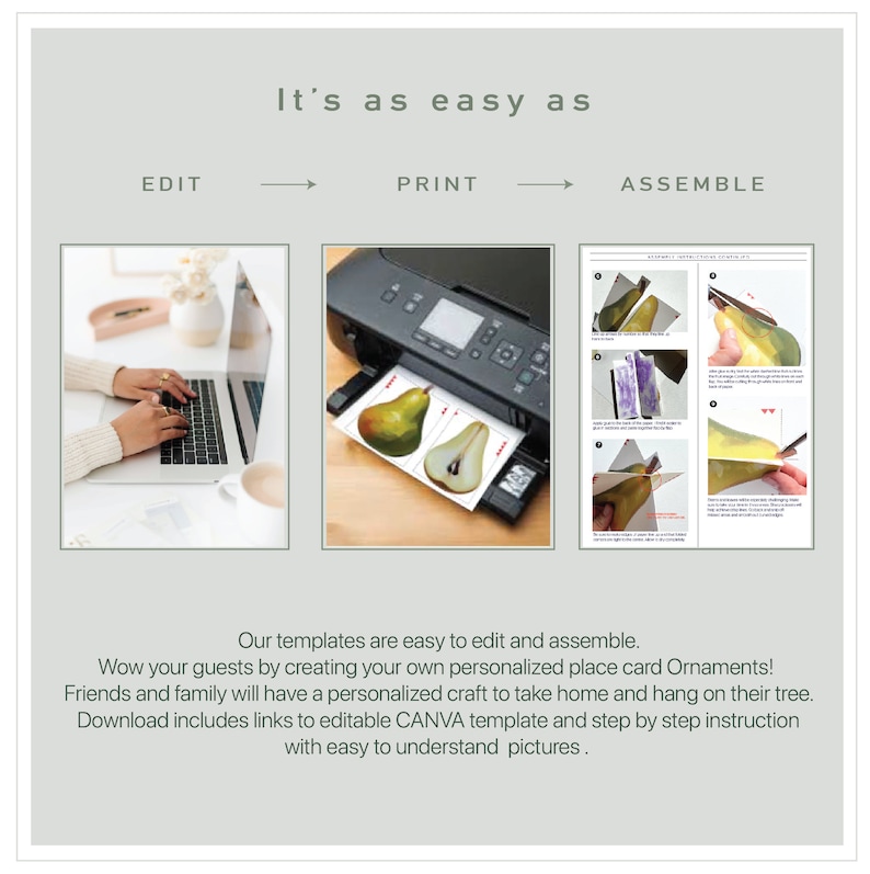 May include: A digital illustration of a pear ornament craft project. The image shows three steps: editing a template on a laptop, printing the template on a printer, and assembling the ornament using instructions. The text "It's as easy as" is displayed above the steps.