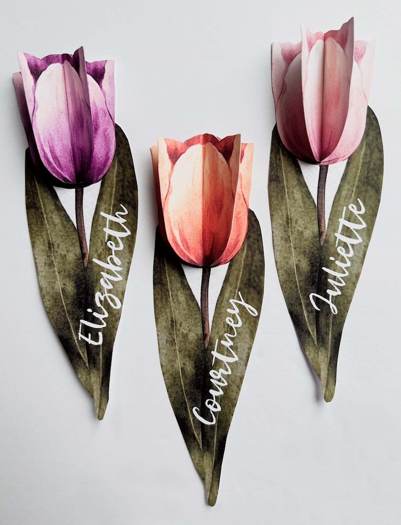 May include: Three paper tulip place cards with watercolour designs. The tulips are pink, orange, and purple. The names "Elizabeth", "Courtney", and "Juliette" are written on the stems.