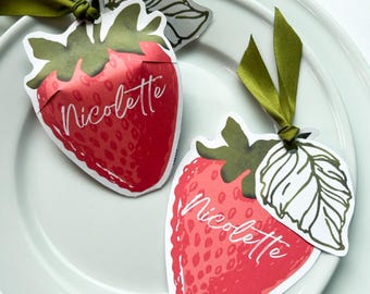 Strawberry Place Card Template: Printable Fruit Party Decor (DIY Editable Canva PDF Downloadable)