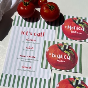 Italienisches Partymenü - Tischkartenkartenpaket. HERUNTERLADEN DRUCKBAR EDITIERBAR.  Dolce Vita Pasta Party, Tomate Namenskärtchen, Cabana Streifenkarte. Toskanisch