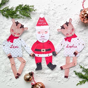 SOFORTIGER DOWNLOAD Kinder Weihnachten Santa & Rentier druckbare Geschenkanhänger, personalisierbar, Hampelmann, beweglich, 2 Größen inklusive