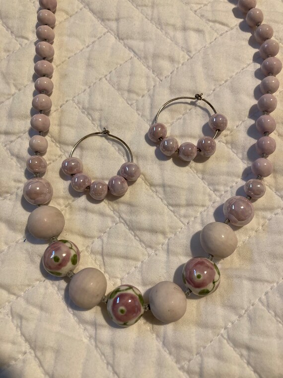 Pink pottery necklace and earring set