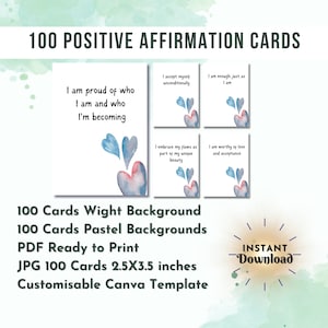 100 Tarjetas de afirmación positiva Descarga digital, Baraja de autodescubrimiento y empoderamiento, Citas de bienestar positivo, Regalo de amor propio imprimible