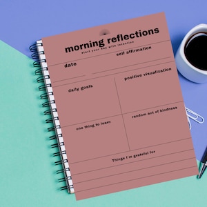 Planejador de reflexões diárias, diário de reflexão semanal, planilha de revisão mensal, diário de gratidão, revisão semanal, planejador de afirmação diária.