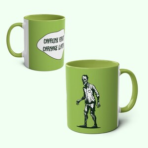 Caffeine First Carnage Later Zombie Undead Green/White Two-Tone Coffee Mugs, 11oz - Fun Quirky Birthday Gift for Horror Movie Fans