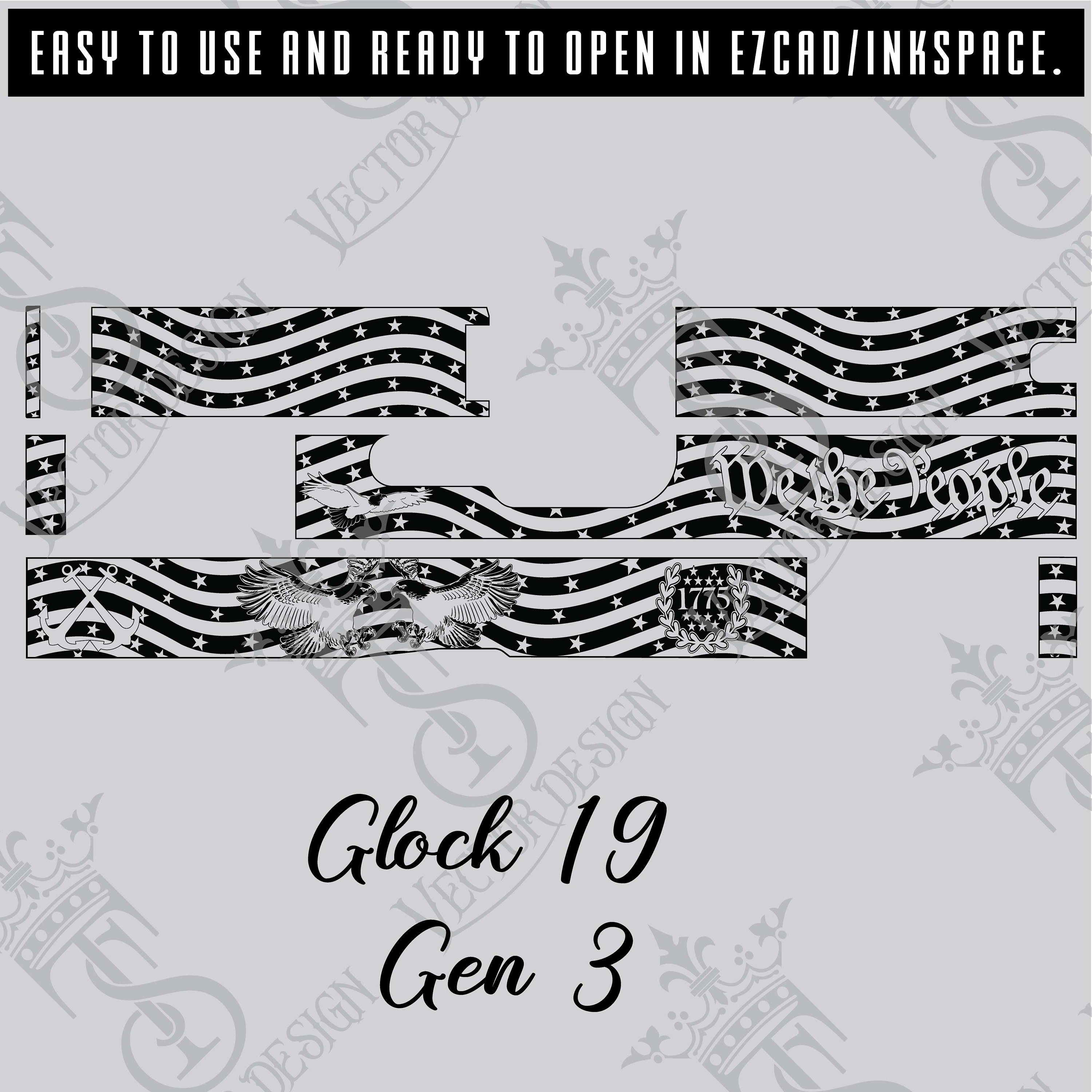 Glock 19 Gen 3 American theme Vector design engraving files,pistol engrave,vector ,laser engraving svg dxf ai digital download