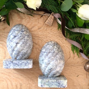 Vintage Hand Carved Italian Alabaster Egg Bookends | Heavy and Solid | Signed | Set of two