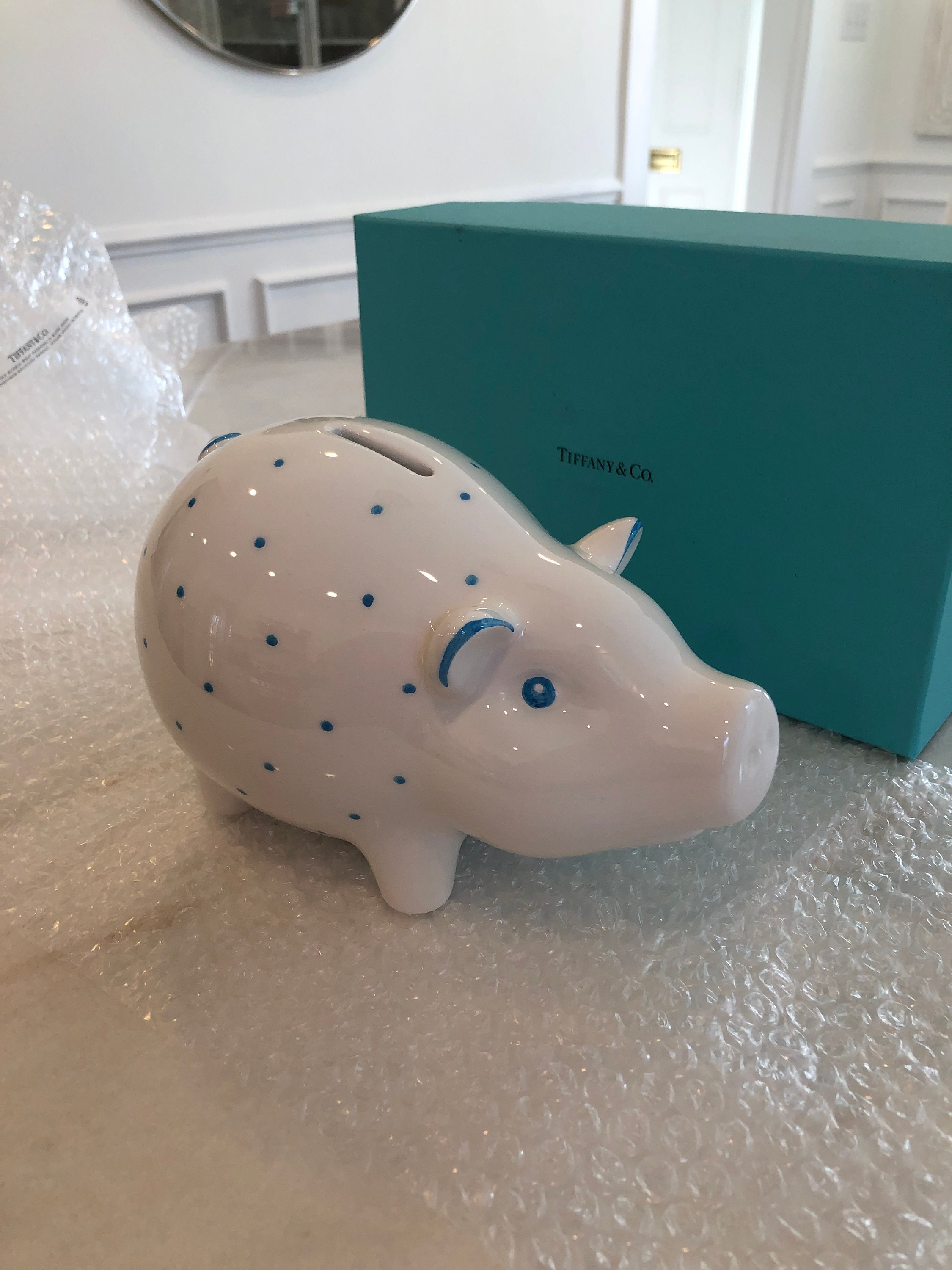 Tiffany & Co Blue Ceramic Polka Dot Spotted Piggy Bank NIB Baby