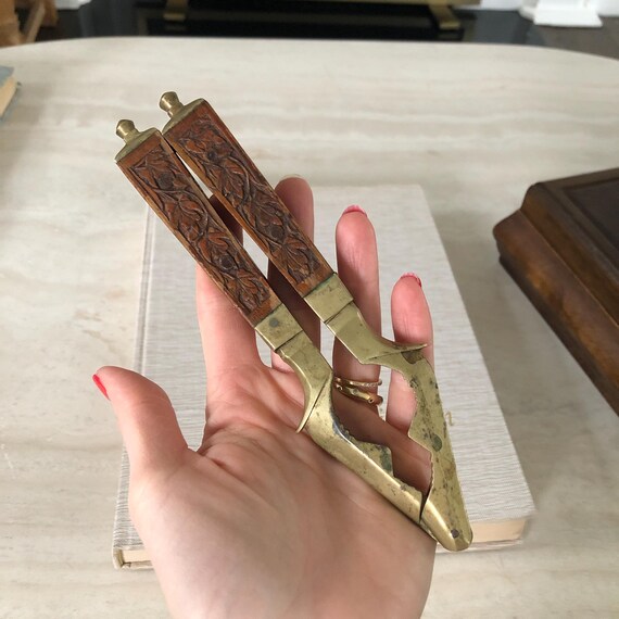 Vintage Brass and Carved Wood Nutcracker | Leaf and Floral Motif | Heavy